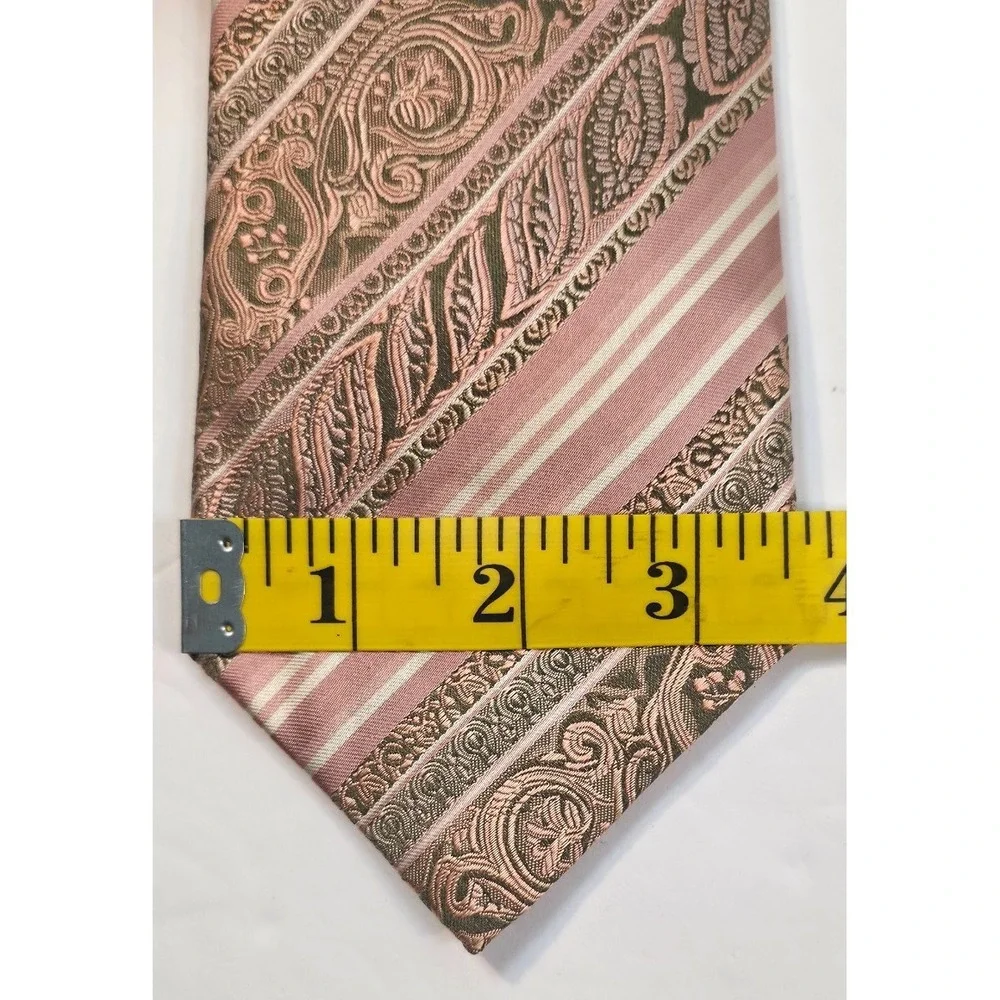 Bruno Pirttelli Silk Tie Pink Gray Paisley Stripe XL Made USA With Pocket Square